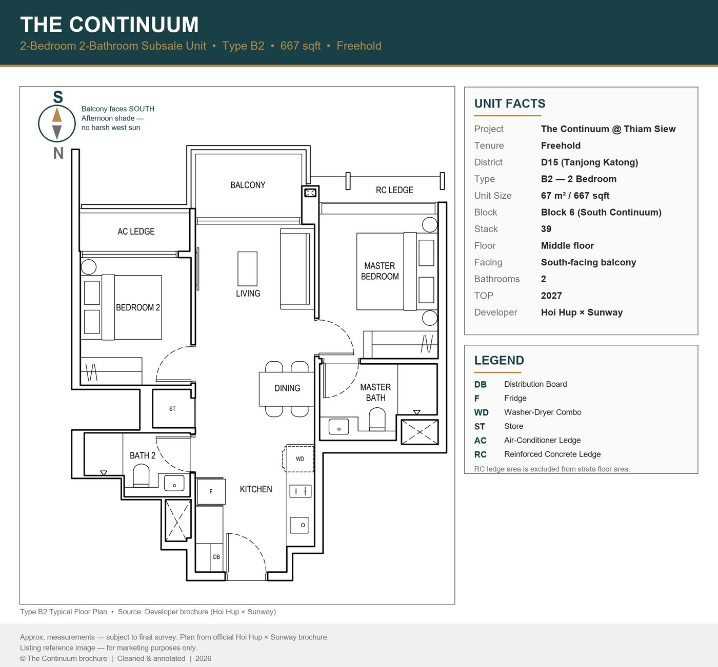 The Continuum Type B2 Floor Plan — 667 sqft, 2 Bedroom, 2 Bathroom