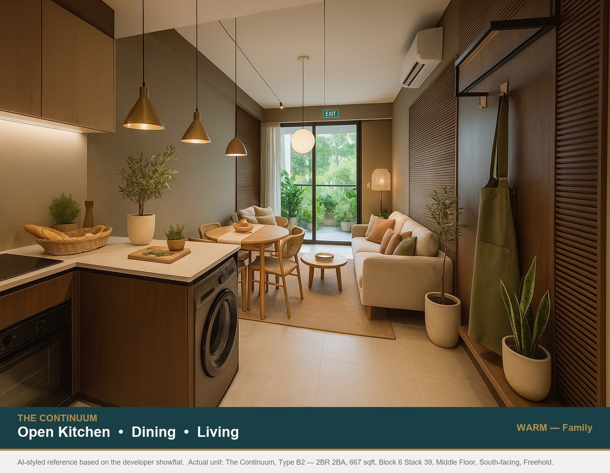 Open kitchen, dining and living at The Continuum Type B2