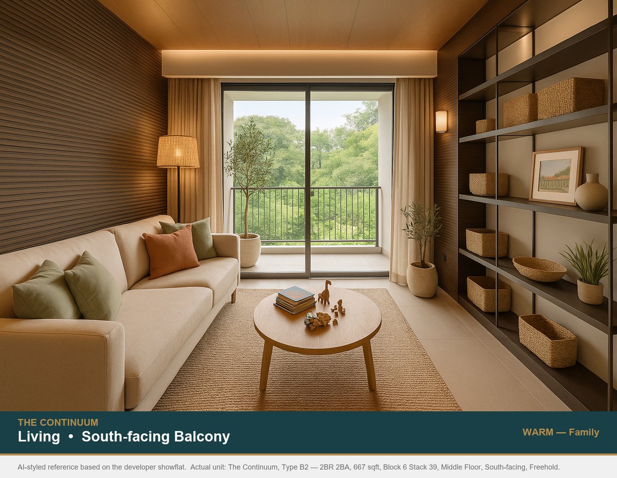 Living area facing the south-facing balcony at The Continuum